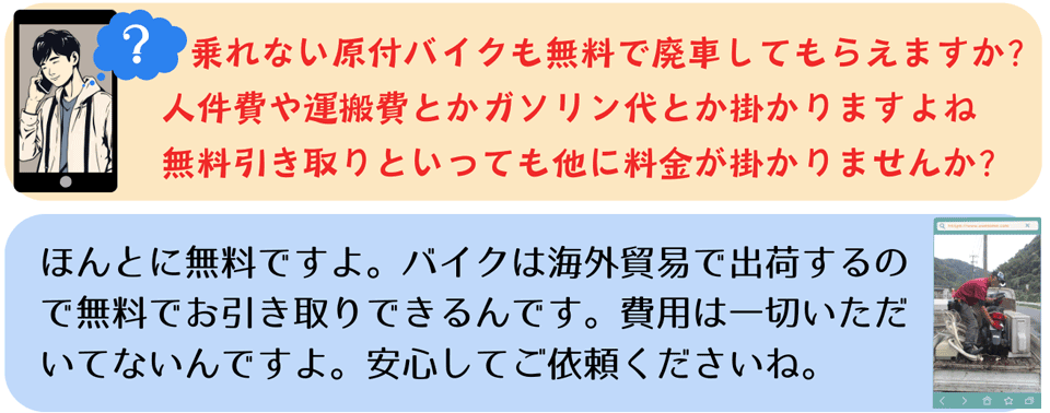 よくある質問。Q1乗れない原付きバイクも無料で廃車してもらえますか?引き取りも費用は掛からないですか?
A1本当に無料です。バイクは海外貿易で出荷するので無料でお引き取りできるんです。費用は一アイ頂いていないので安心してご依頼くださいね。